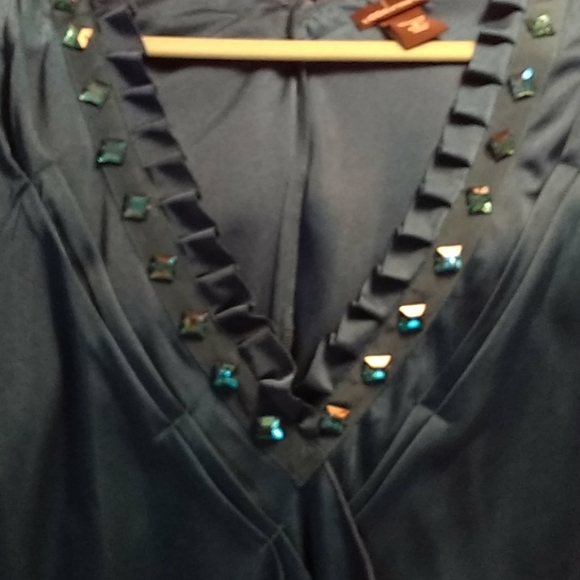 MODA International Bejeweled Deep-V Teal Blouse - Picture 5 of 7